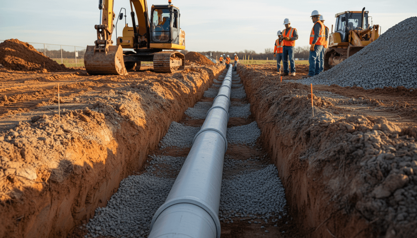 Completed water line installation showing properly bedded PVC pipe in excavated trench
