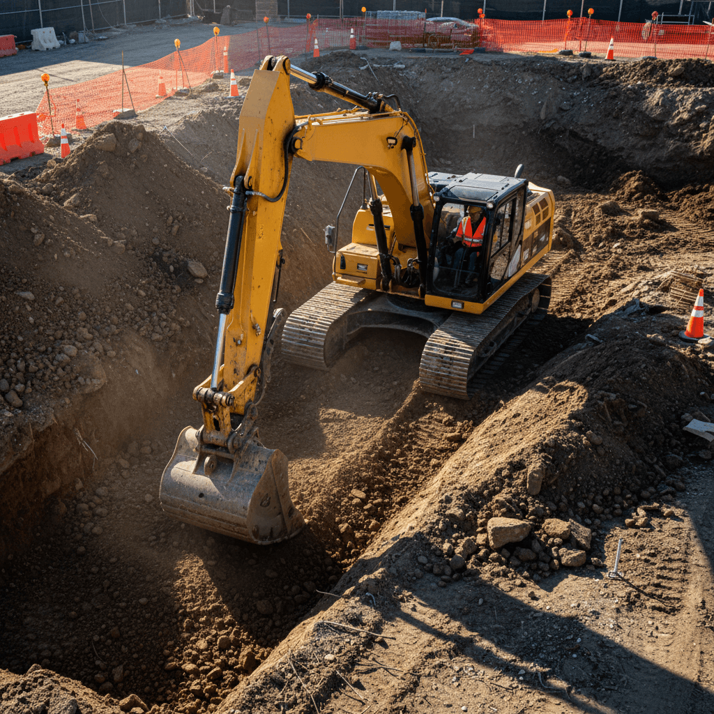 Excavator performing precision trenching and excavation work