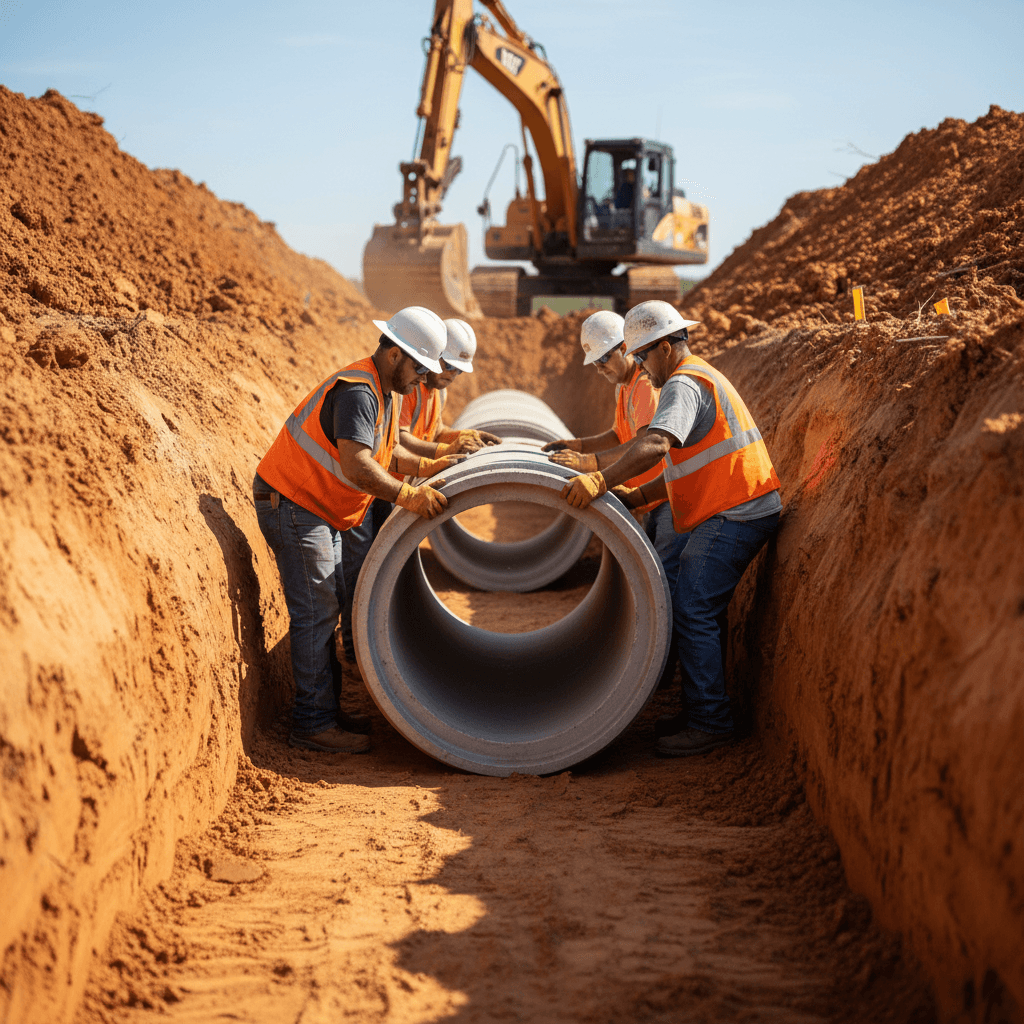 Mainline installation with pipe positioning in excavated trench