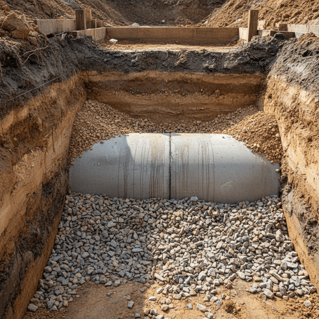 Pipe bedding and compaction detail from completed installation