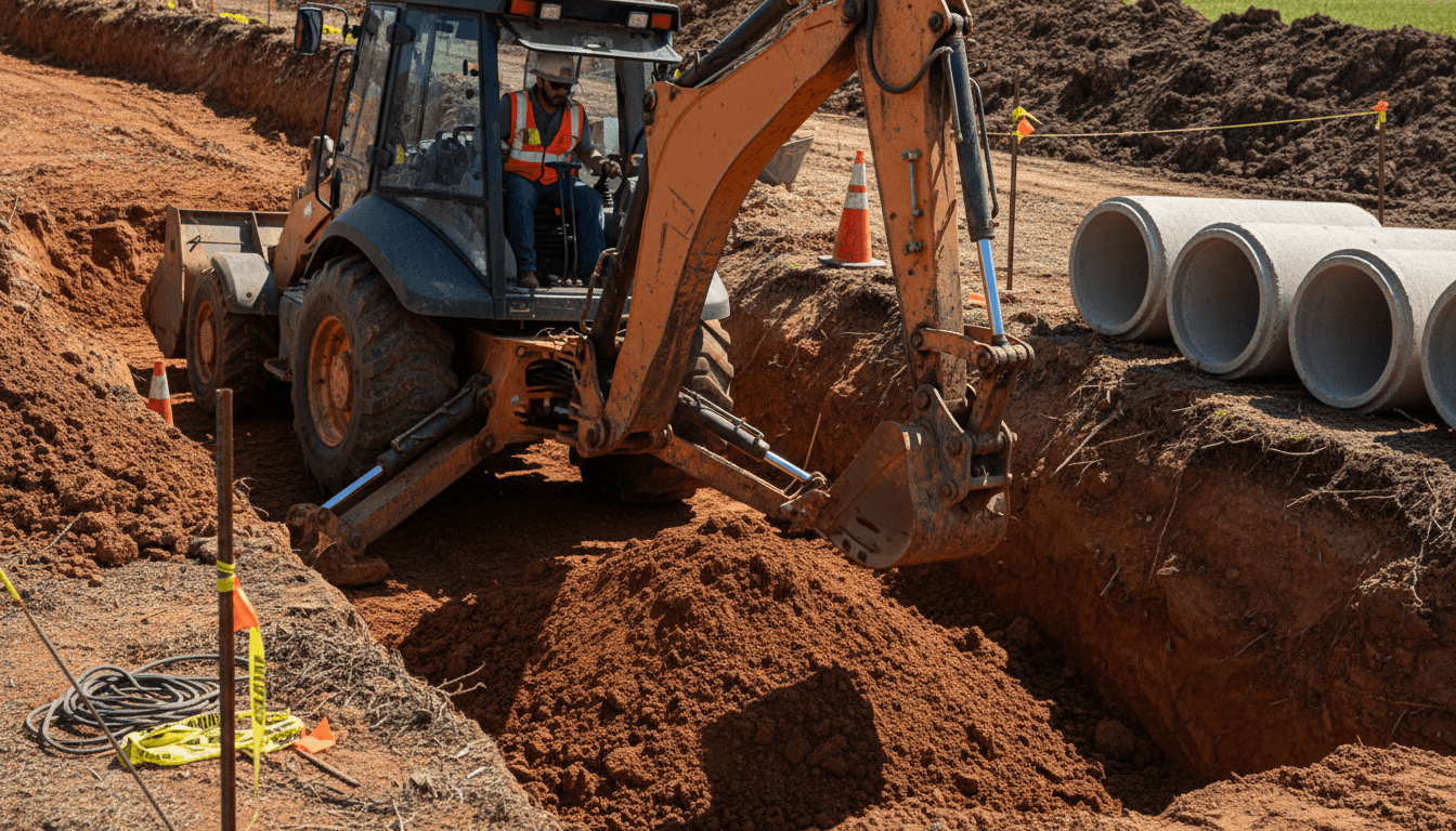 Backhoe excavator digging water and sewer line trench in Mississippi soil