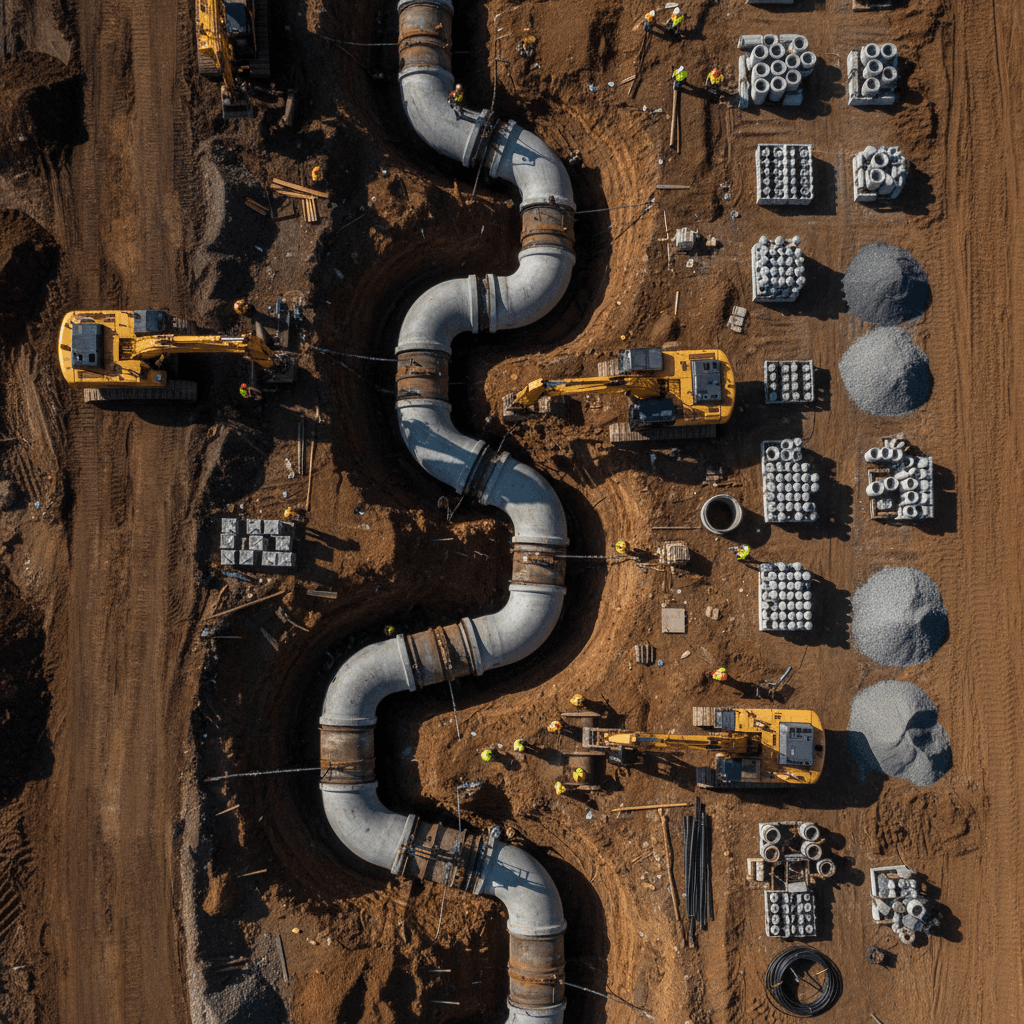 Commercial sewer line installation with multiple connection points