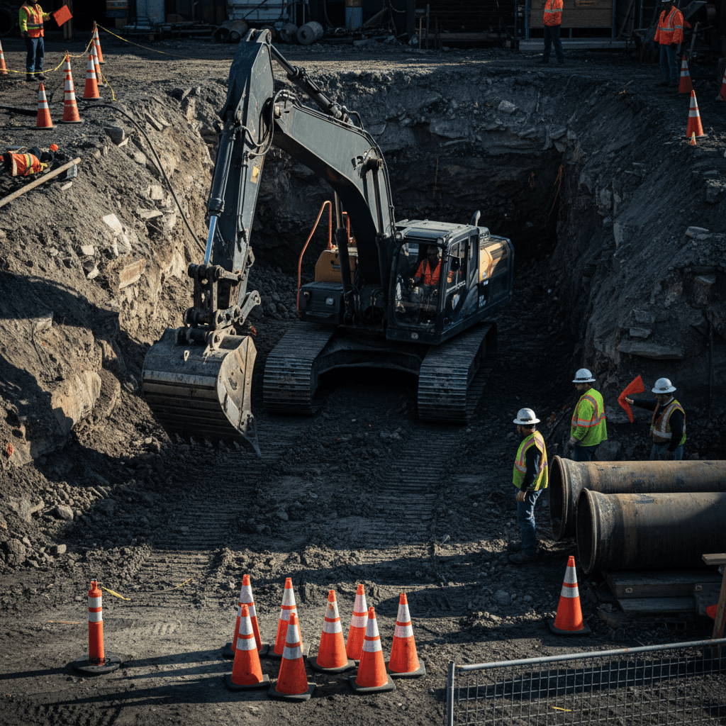 Water main excavation with heavy equipment