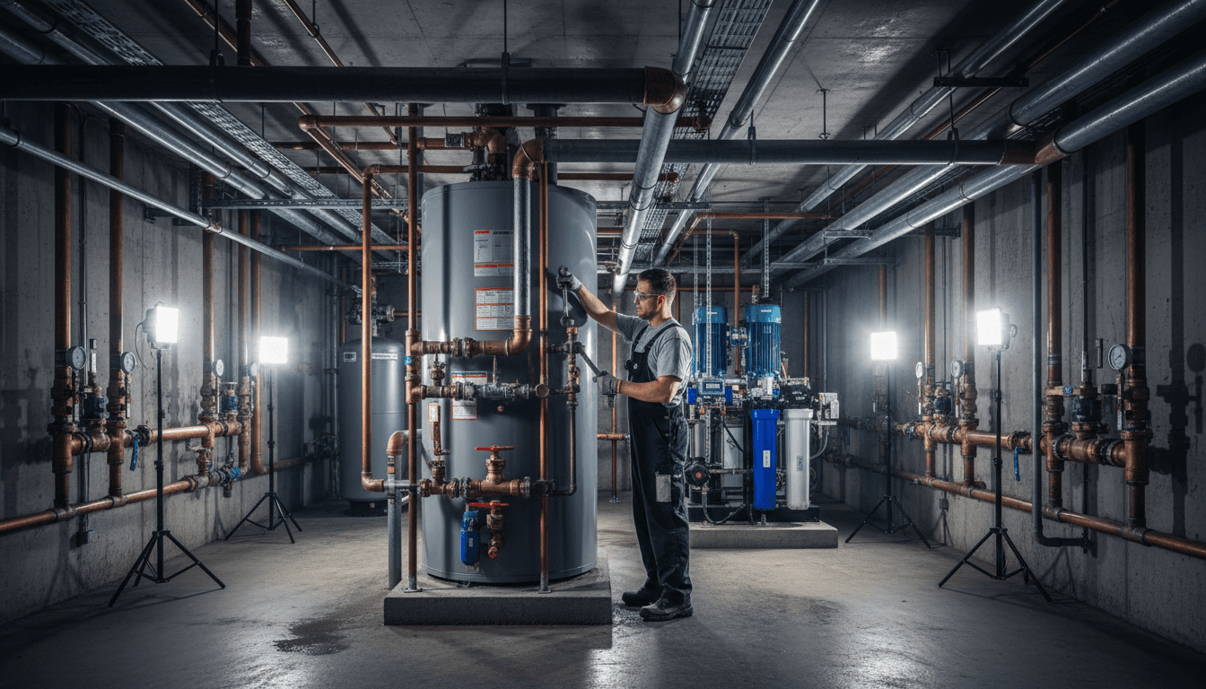 Technician adjusting a large water tank amidst complex plumbing in a mechanical room.